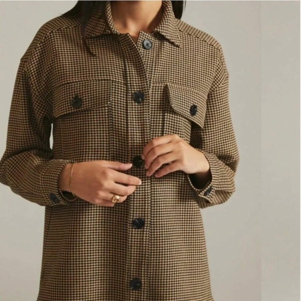 Anthropologie Current Air Houndstooth Shacket Shirt Jacket Brown Womens Large